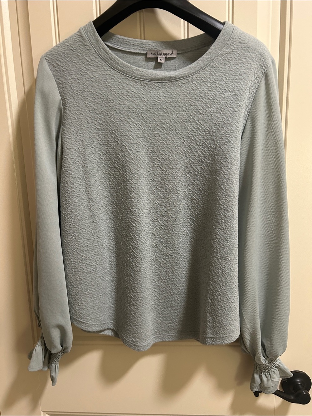 Light Sage Long-Sleeve Textured Top with Chiffon Sleeves; Size Medium